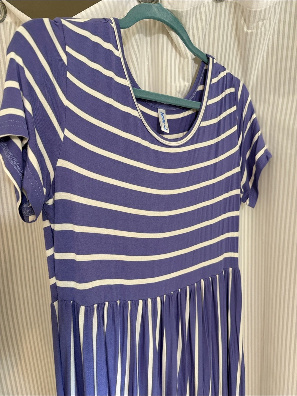 Purple & White Striped Short-Sleeve Women's Maxi Dress